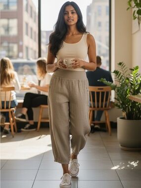 Linen Luv Women's Taupe Linen-Blend Capris with Elastic Waist